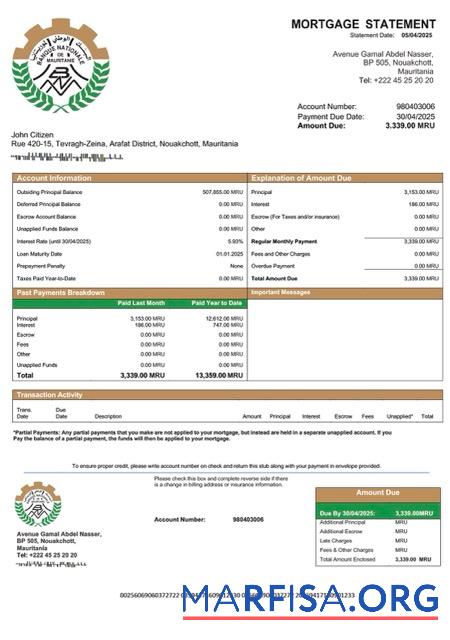 Blank Mauritania Banque Nationale de Mauritanie (BNM) mortgage statement Word and PDF template